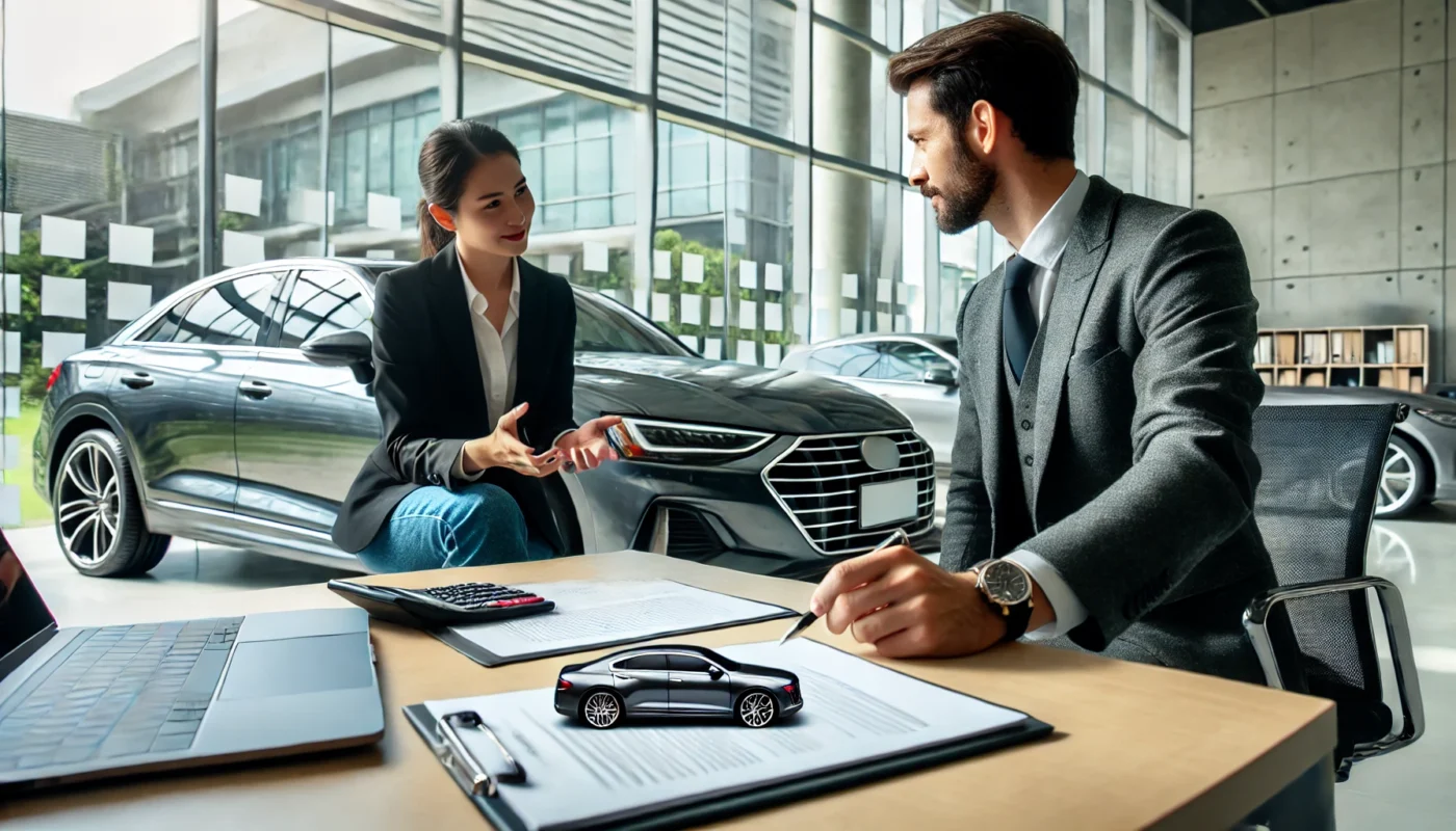 Financieel adviseur bespreekt financial lease opties met een ondernemer in een moderne kantooromgeving, met een geleasede auto zichtbaar door het raam.