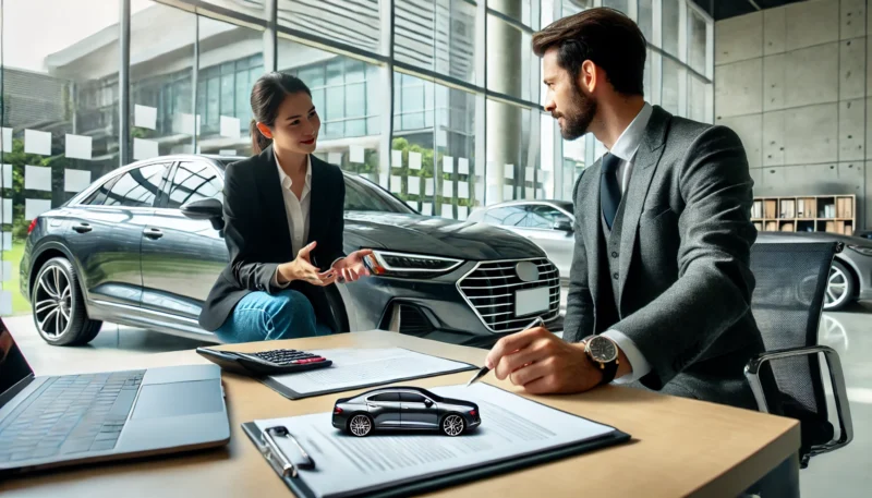 Financieel adviseur bespreekt financial lease opties met een ondernemer in een moderne kantooromgeving, met een geleasede auto zichtbaar door het raam.